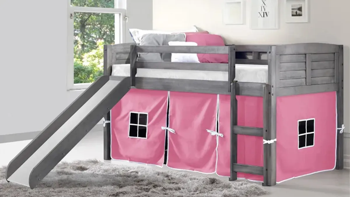 Donco Louver Low Loft Bed with Slide & Pink Tent