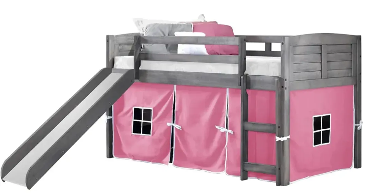 Donco Louver Low Loft Bed with Slide & Pink Tent