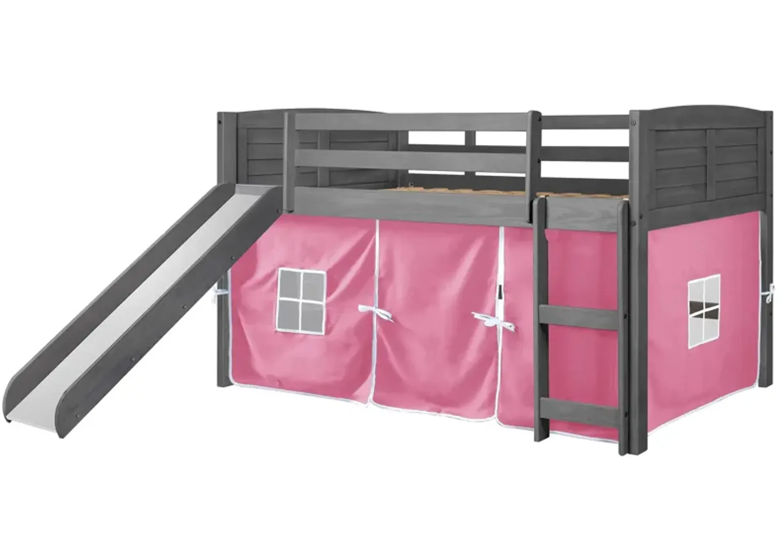 Donco Louver Low Loft Bed with Slide & Pink Tent