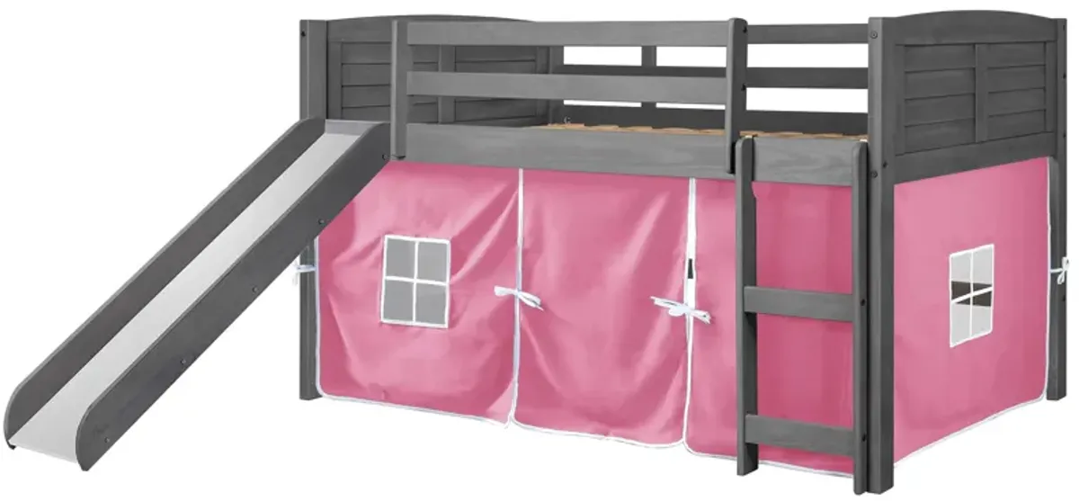 Donco Louver Low Loft Bed with Slide & Pink Tent