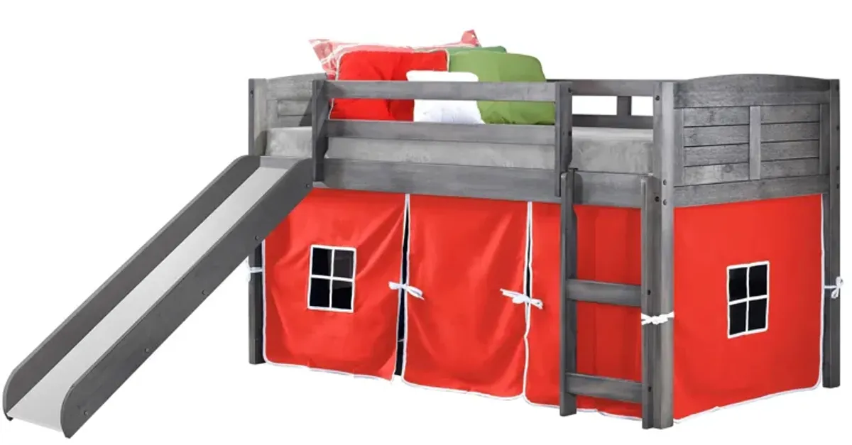 Donco Louver Low Loft Bed with Slide & Red Tent