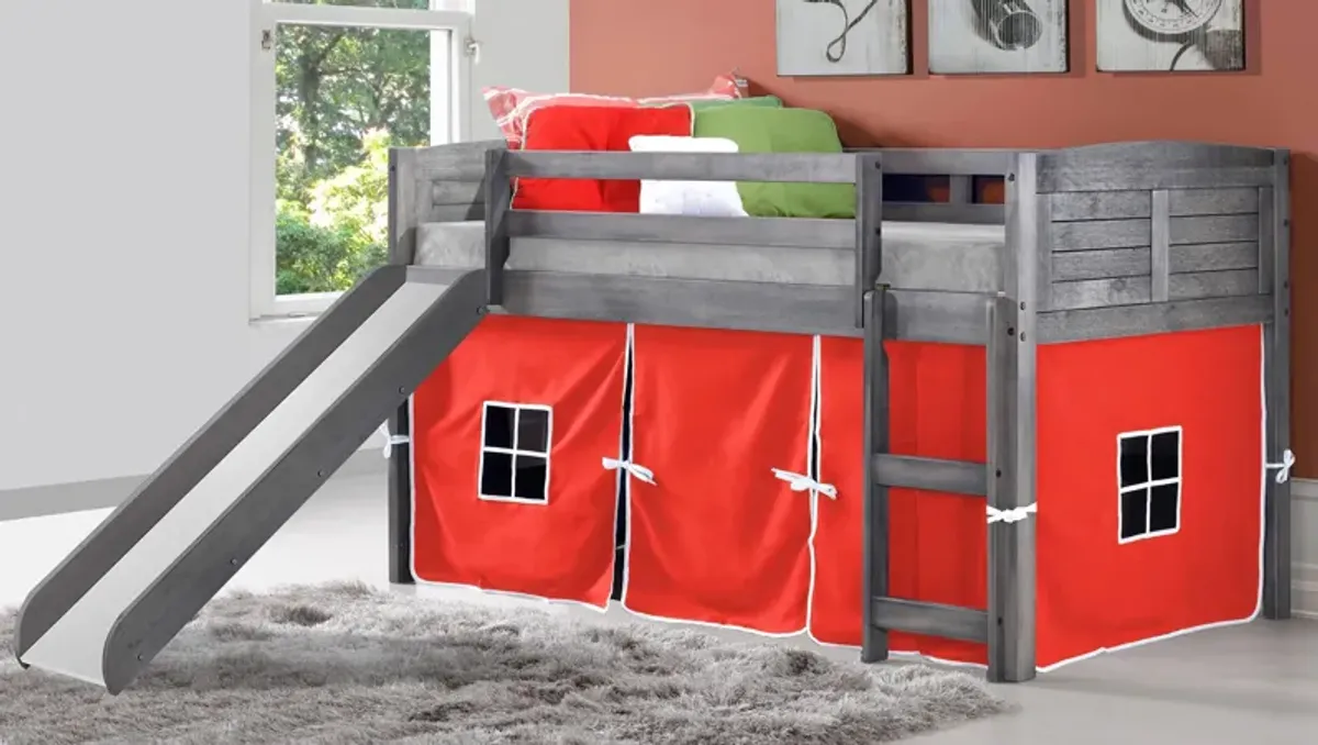 Donco Louver Low Loft Bed with Slide & Red Tent