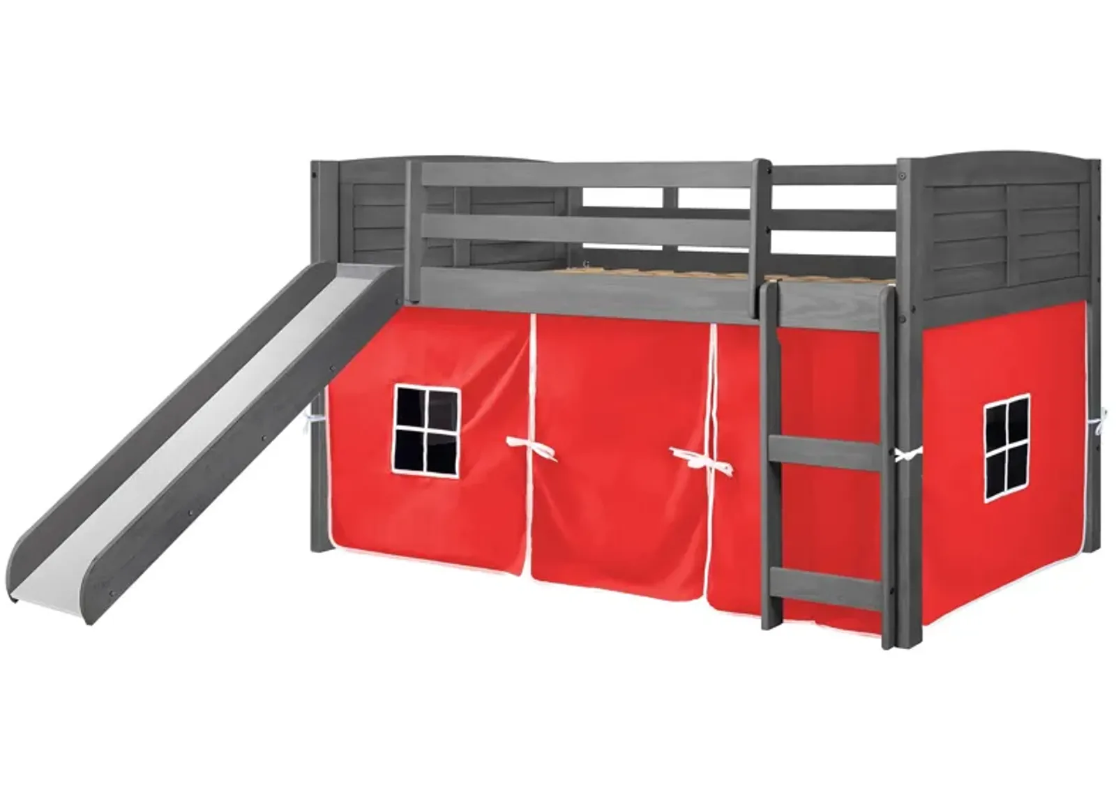 Donco Louver Low Loft Bed with Slide & Red Tent