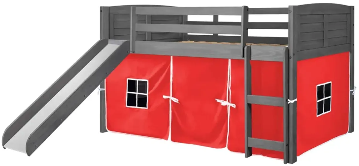 Donco Louver Low Loft Bed with Slide & Red Tent