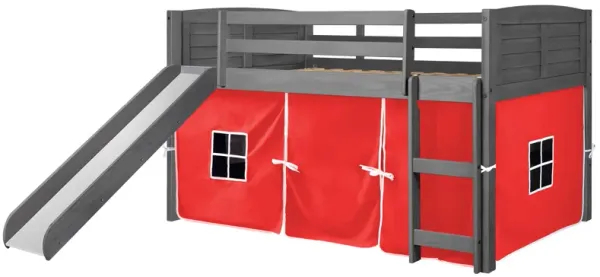 Donco Louver Low Loft Bed with Slide & Red Tent