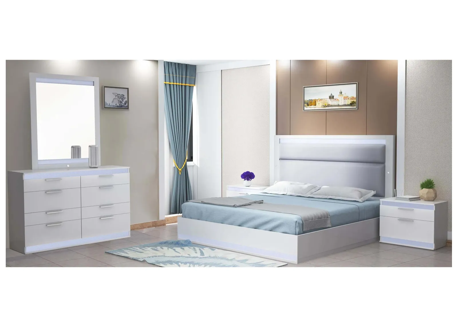 Moscow 4-pc. Upholstered Bedroom Set w/ LED Lights in Gloss White by Chintaly Imports