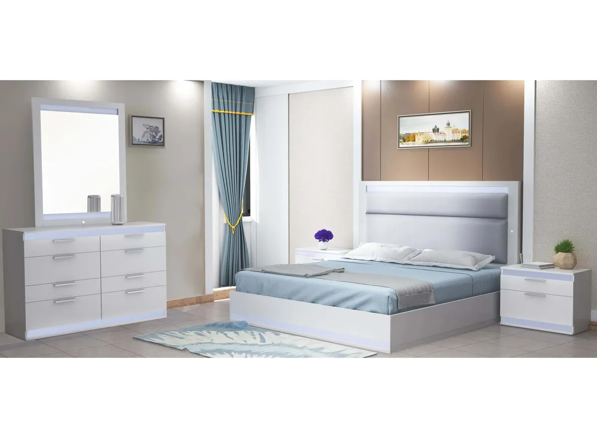 Moscow 4-pc. Upholstered Bedroom Set w/ LED Lights in Gloss White by Chintaly Imports