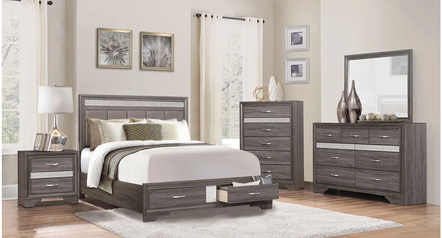 Griggs 4-pc.Upholstered Storage Bedroom Set in Two-Tone Finish (Gray and Silver Glitter) by Homelegance