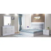 Moscow 4-pc. Upholstered Bedroom Set w/ LED Lights in Gloss White by Chintaly Imports