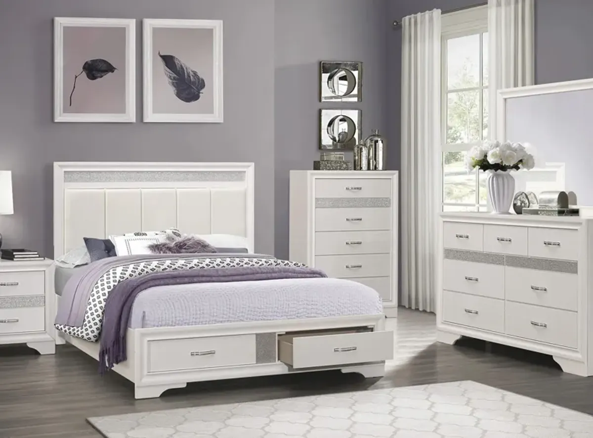 Griggs 4-pc Upholstered Storage Bedroom Set in Two-Tone Finish: (White and Silver Glitter) by Homelegance