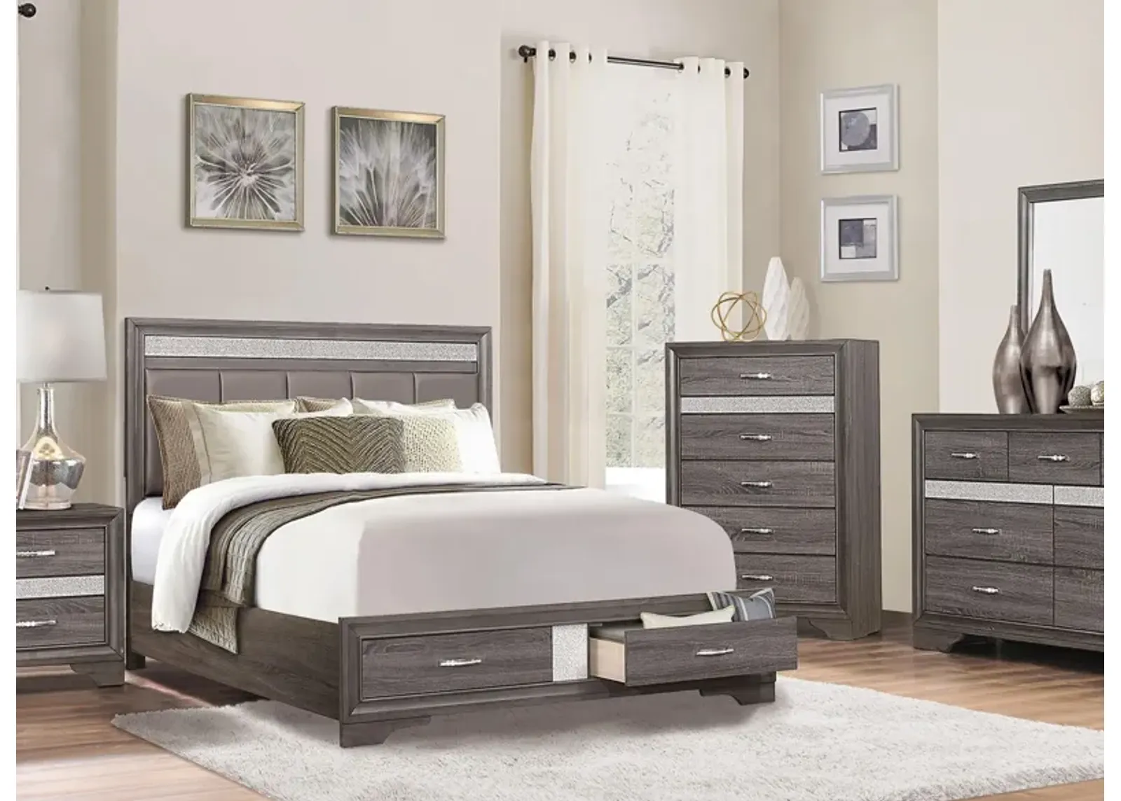 Griggs 4-pc. Upholstered Storage Bedroom Set in Two-Tone Finish (Gray and Silver Glitter) by Homelegance