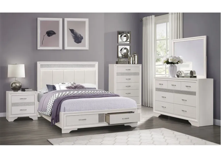 Griggs 4-pc. Upholstered Storage Bedroom Set in Two-Tone Finish: (White and Silver Glitter) by Homelegance