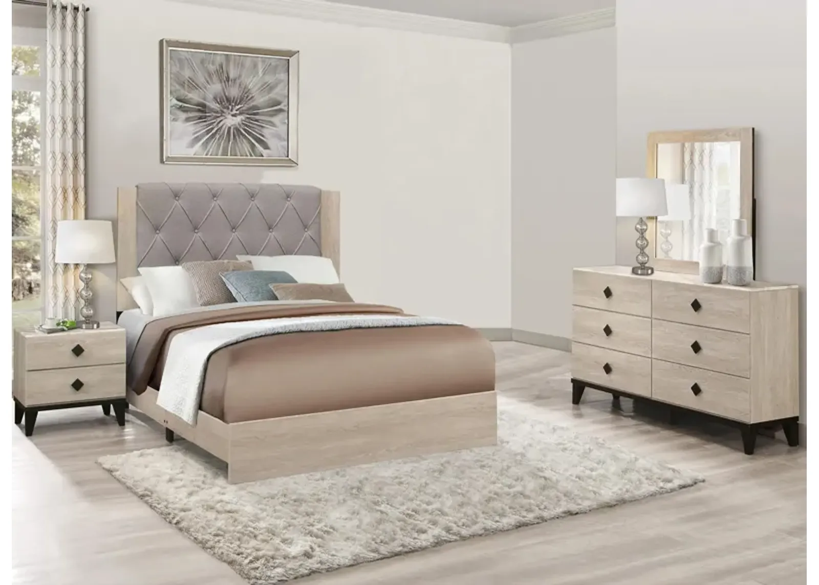 Karren Upholstered 4-pc Panel Bedroom Set in 2-Tone Finish (Cream and Black) by Homelegance