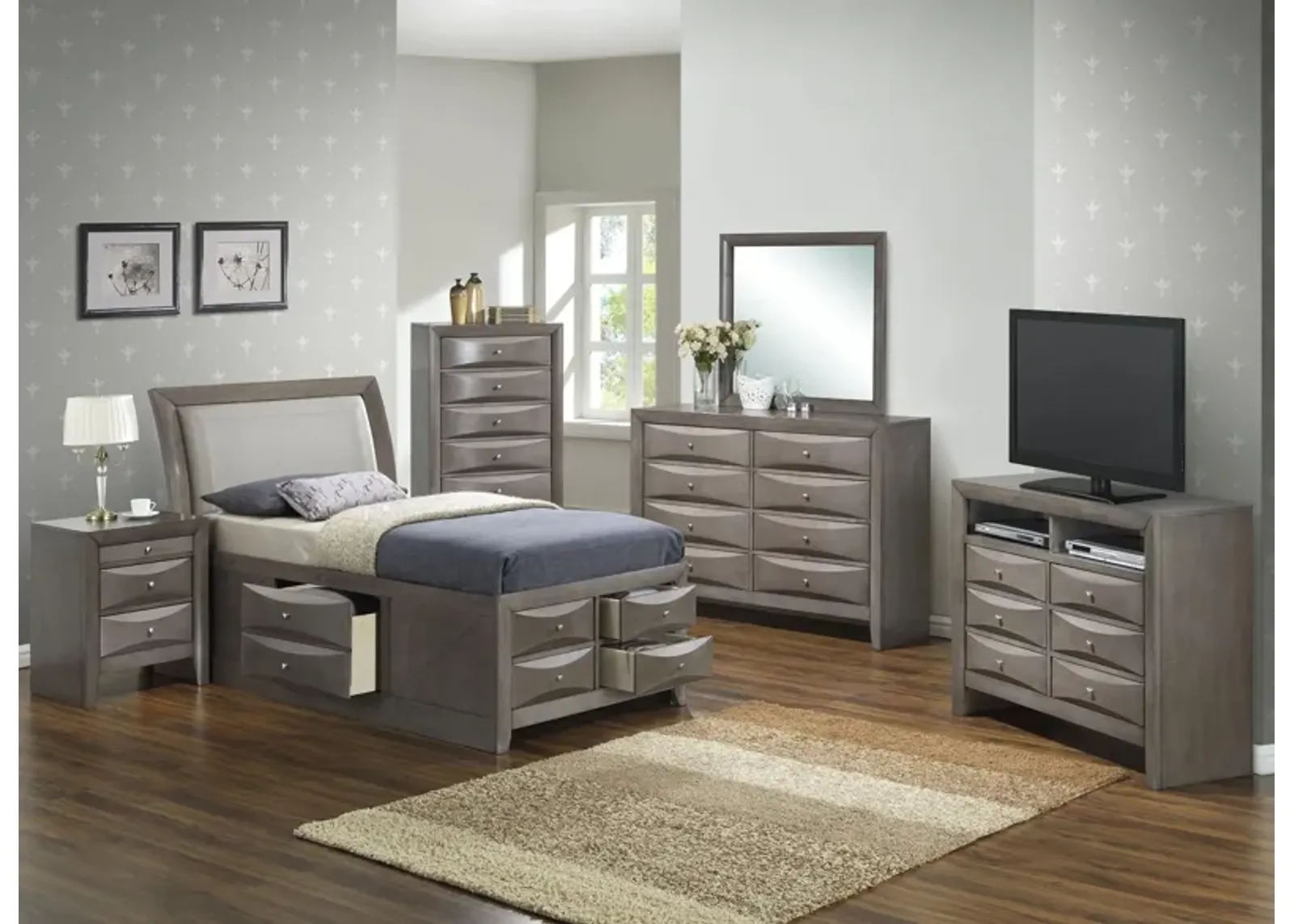 Marilla 4-piece Upholstered Captain's Bedroom Set in Gray by Glory Furniture