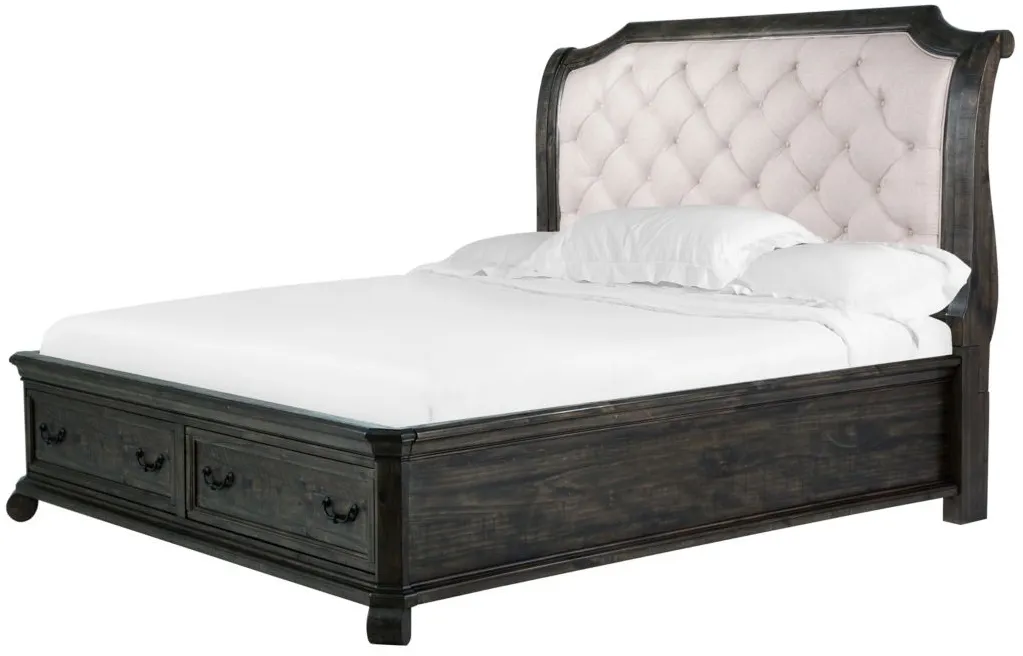 Bellamy 4-pc. Upholstered Bedroom Set with Storage Sleigh Bed in Peppercorn by Magnussen Home