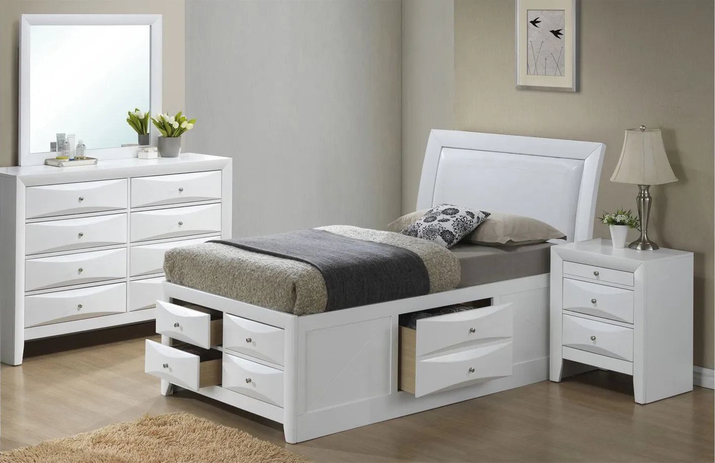 Marilla 4-piece Upholstered Captain's Bedroom Set in White by Glory Furniture