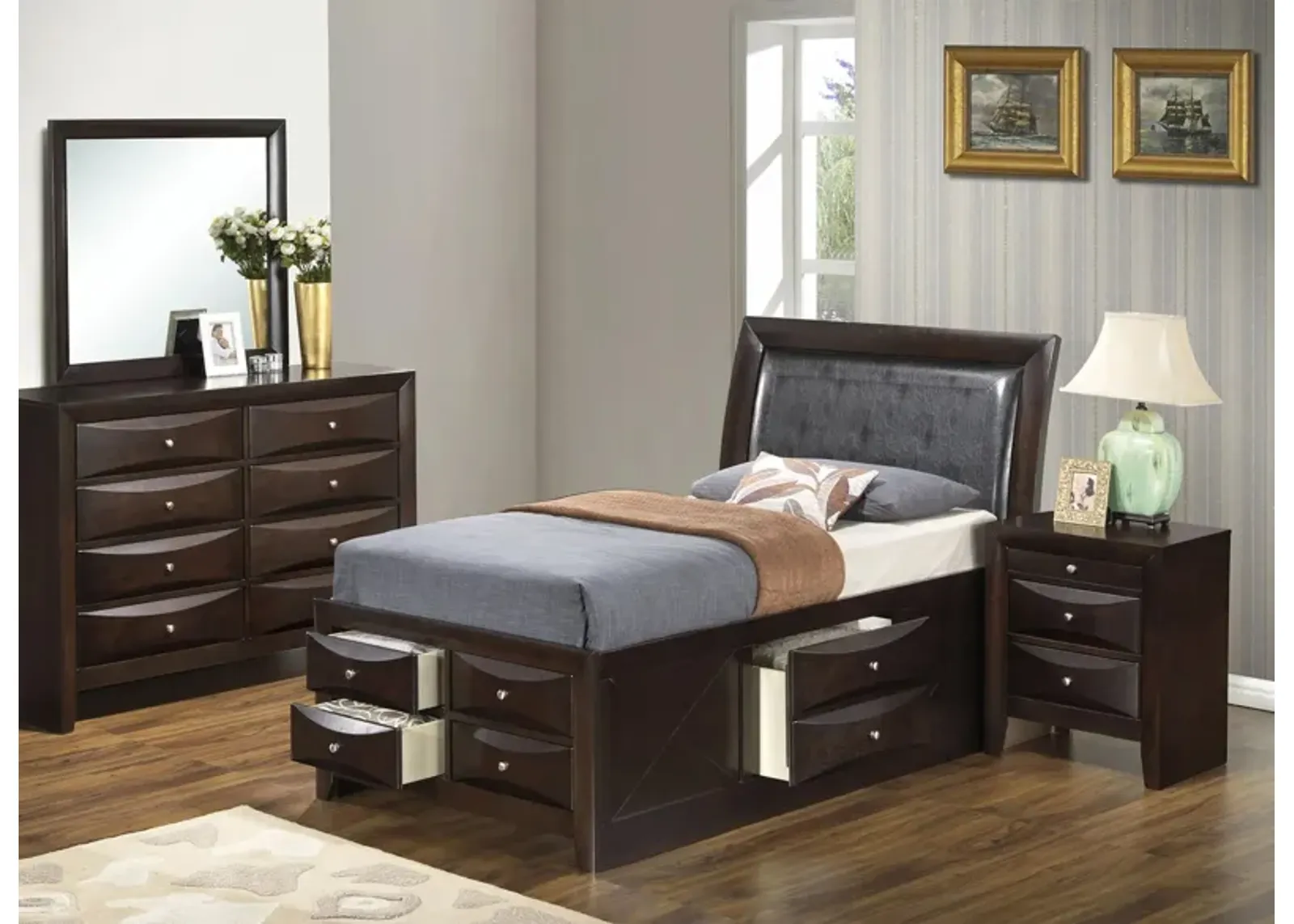 Marilla 4-piece Upholstered Captain's Bedroom Set in Cappuccino by Glory Furniture