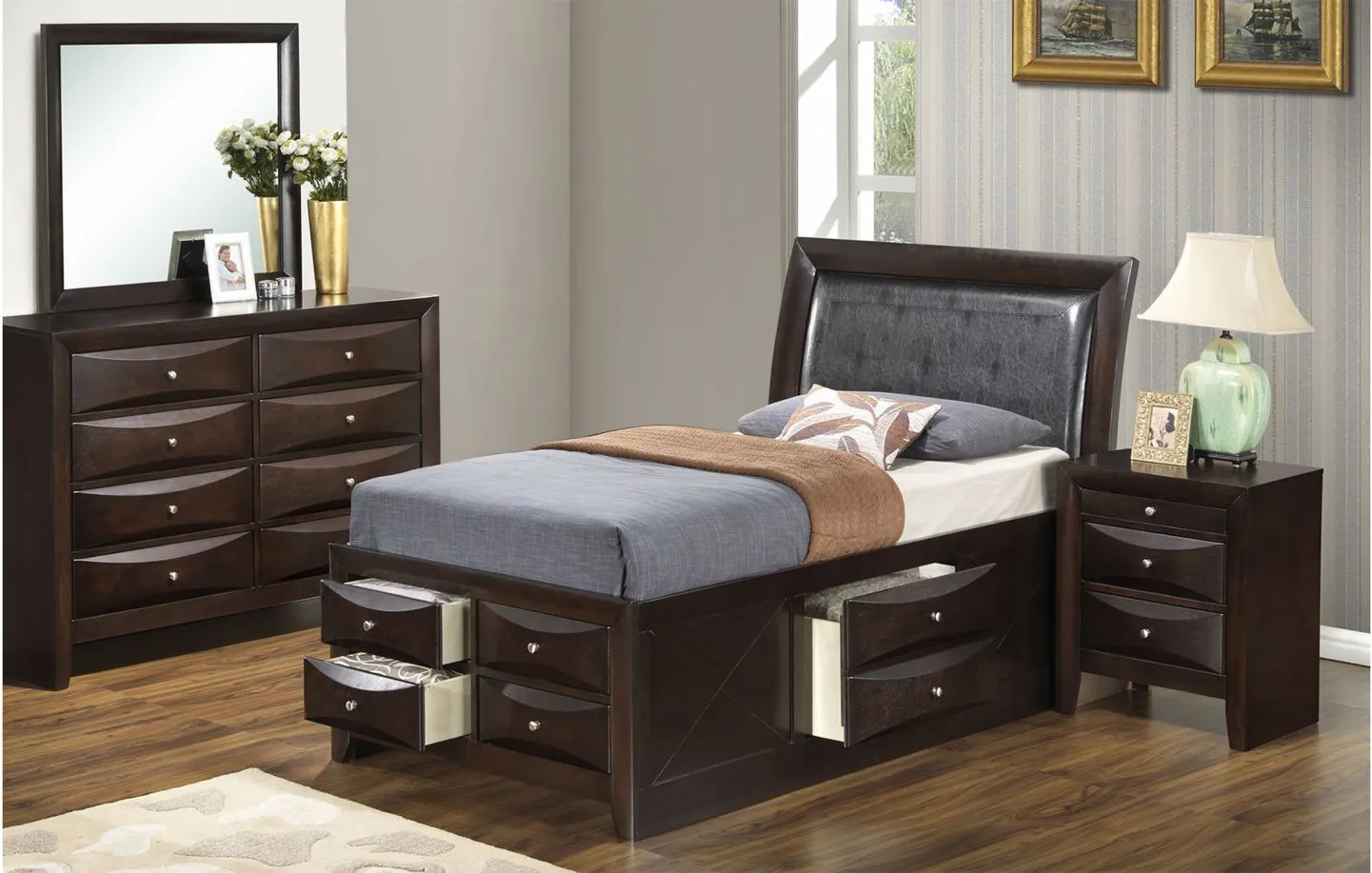 Marilla 4-piece Upholstered Captain's Bedroom Set in Cappuccino by Glory Furniture