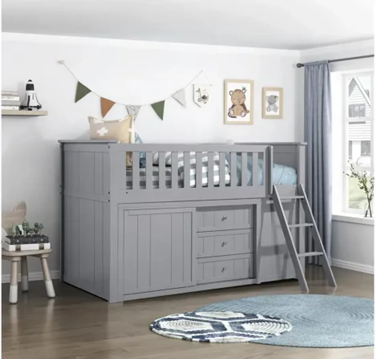 Bartly Low Loft Bunk with Bookcase and 2 Dressers