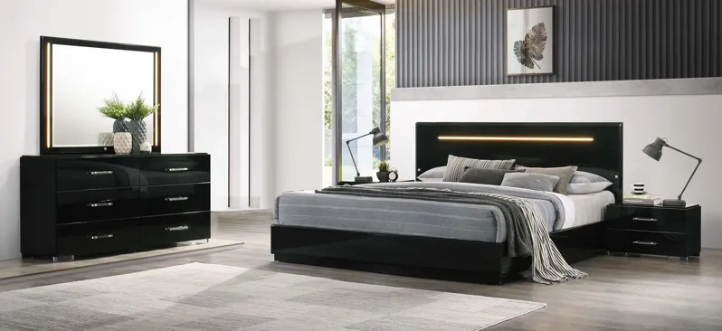 Florence Panel Bed w/ LED Lighting in Gloss Black by Chintaly Imports