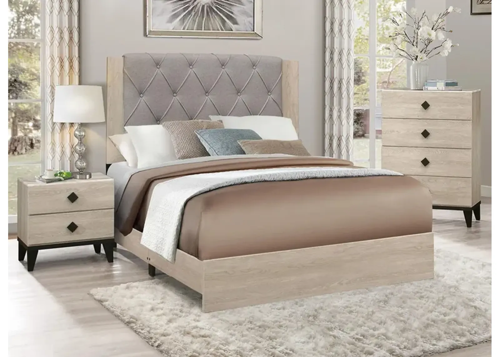 Karren 3-pc Upholstered Panel Bedroom Set in 2-Tone Finish (Cream and Black) by Homelegance