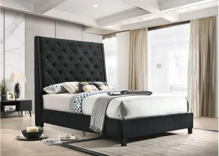 Chant Upholstered Wingback Tufted Bed in Black Velvet by Crown Mark