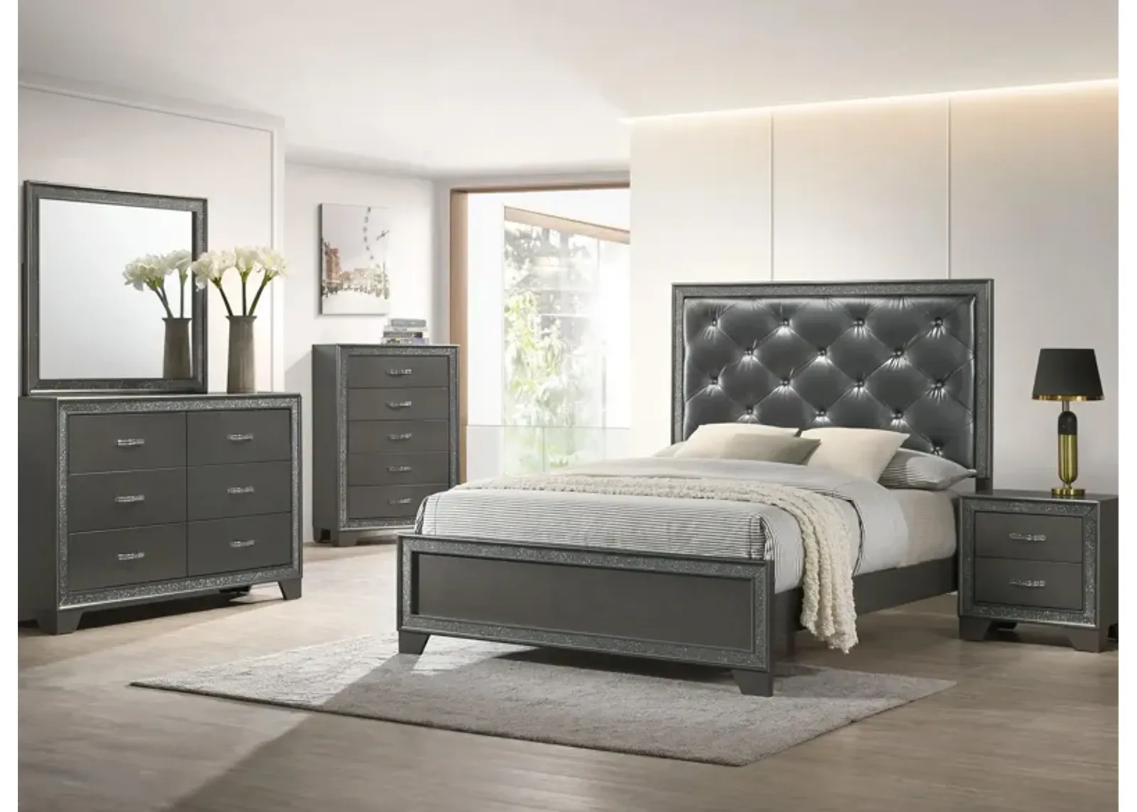 Kaia 5-Pc Queen Bedroom Set in Mocha Silver/ Dark Gray by Crown Mark