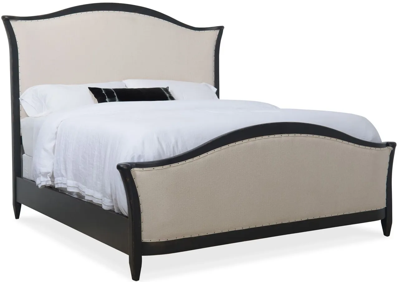 Ciao Bella Upholstered Bed in Black finish. Distressing includes worm holes, rasping, multi-layer rub through and emolsion. by Hooker Furniture