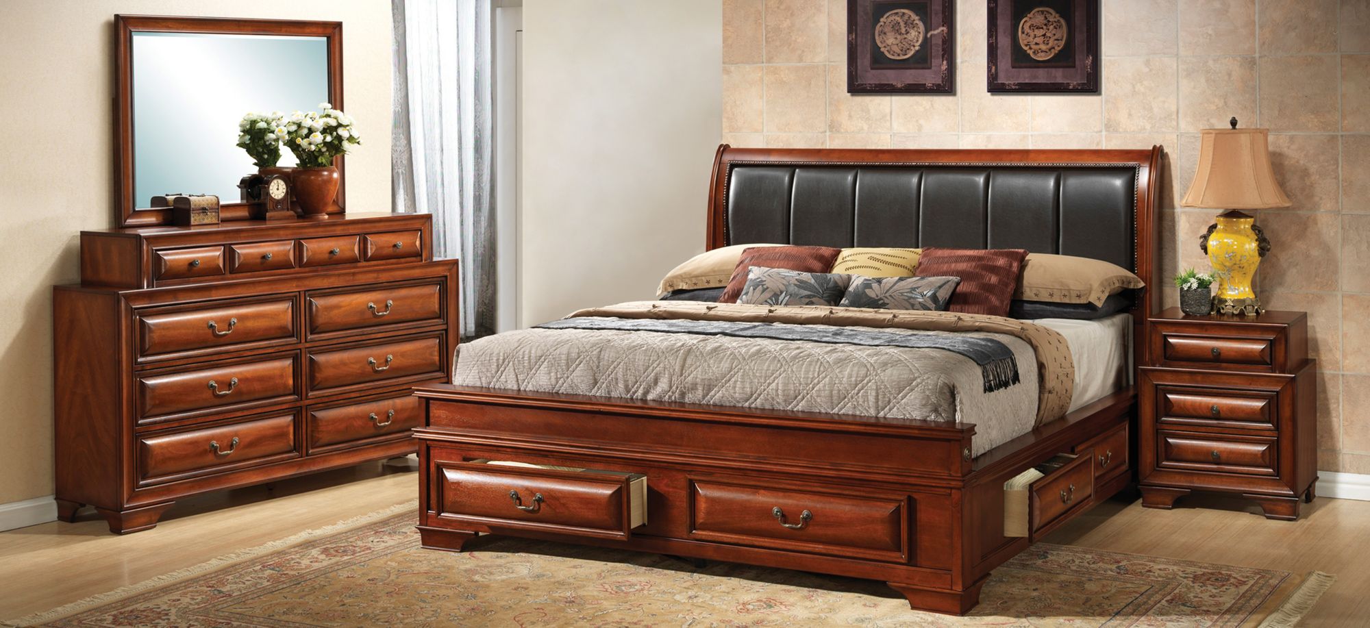 Sarasota Upholstered 4-pc. Storage Bedroom Set in Brown/Black by Glory Furniture