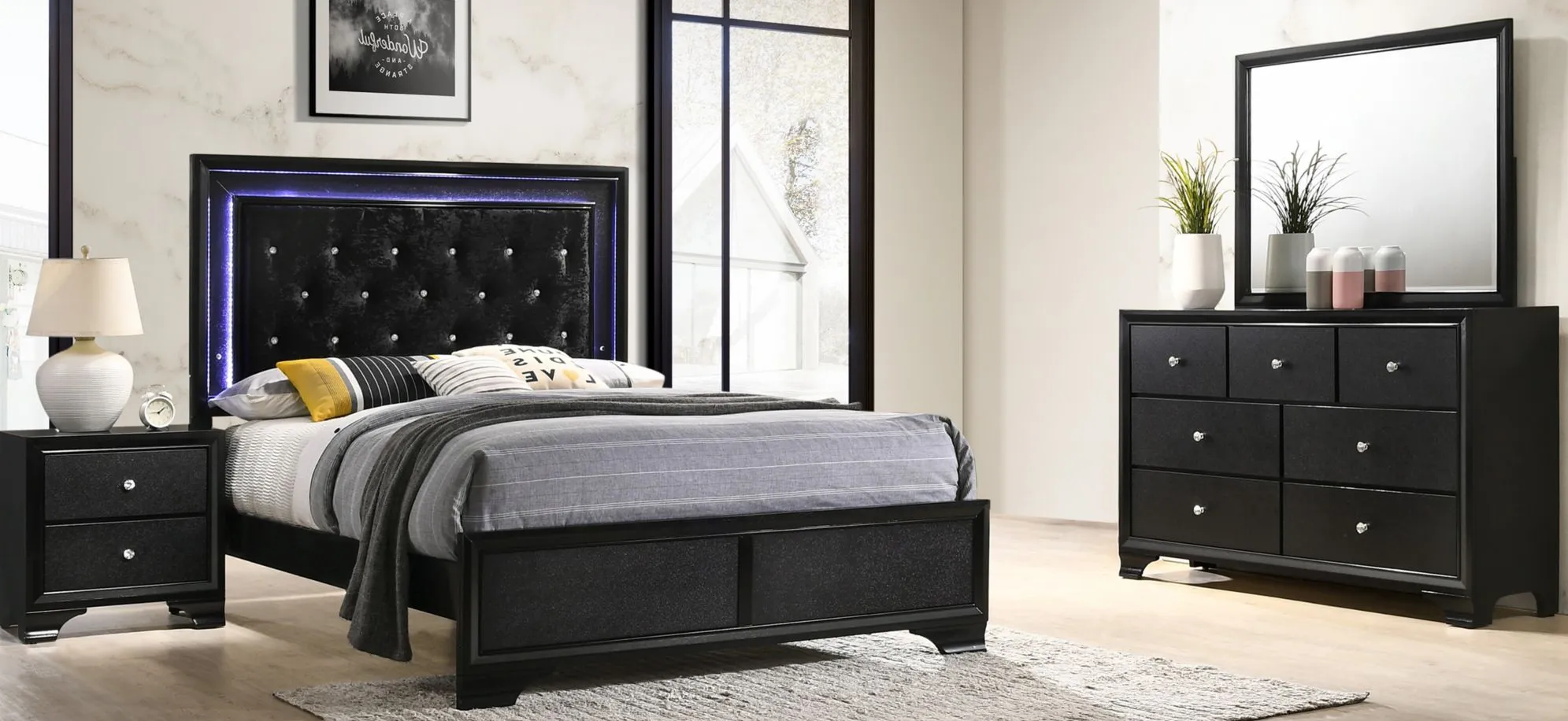 Micah 4-pc. Upholstered Bedroom Set in Black by Crown Mark