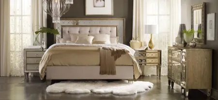 Sanctuary Mirrored Upholstered Bed in Avalon: Antique mirror frame with wood finished trim by Hooker Furniture