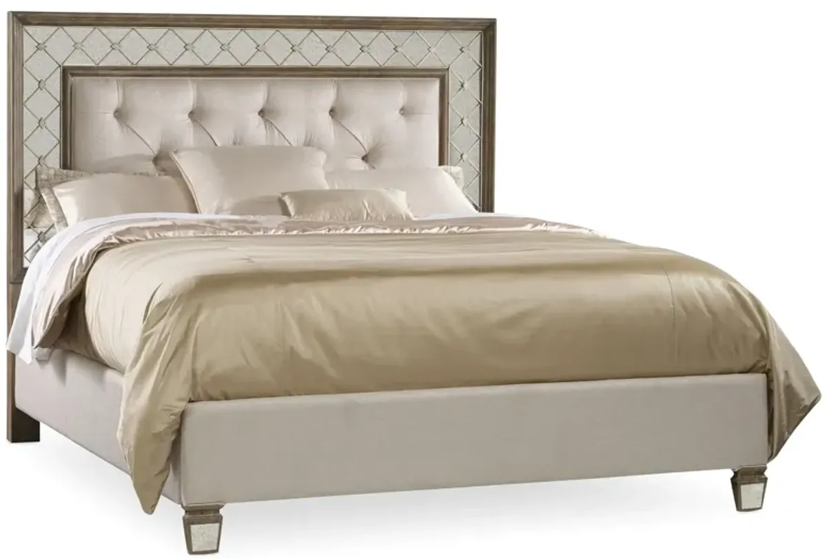 Sanctuary Mirrored Upholstered Bed in Avalon: Antique mirror frame with wood finished trim by Hooker Furniture