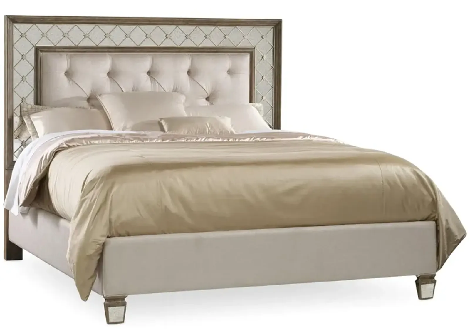 Sanctuary Mirrored Upholstered Bed in Avalon: Antique mirror frame with wood finished trim by Hooker Furniture