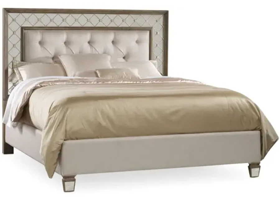 Sanctuary Mirrored Upholstered Bed in Avalon: Antique mirror frame with wood finished trim by Hooker Furniture