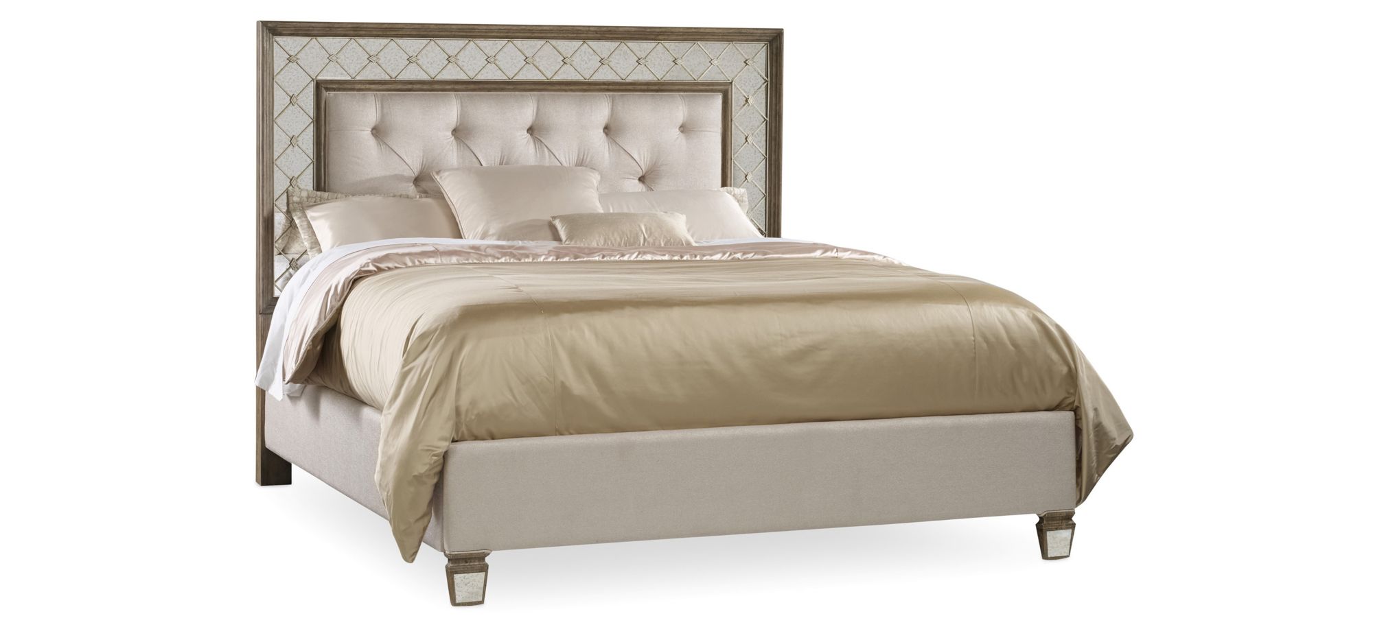 Sanctuary Mirrored Upholstered Bed in Avalon: Antique mirror frame with wood finished trim by Hooker Furniture