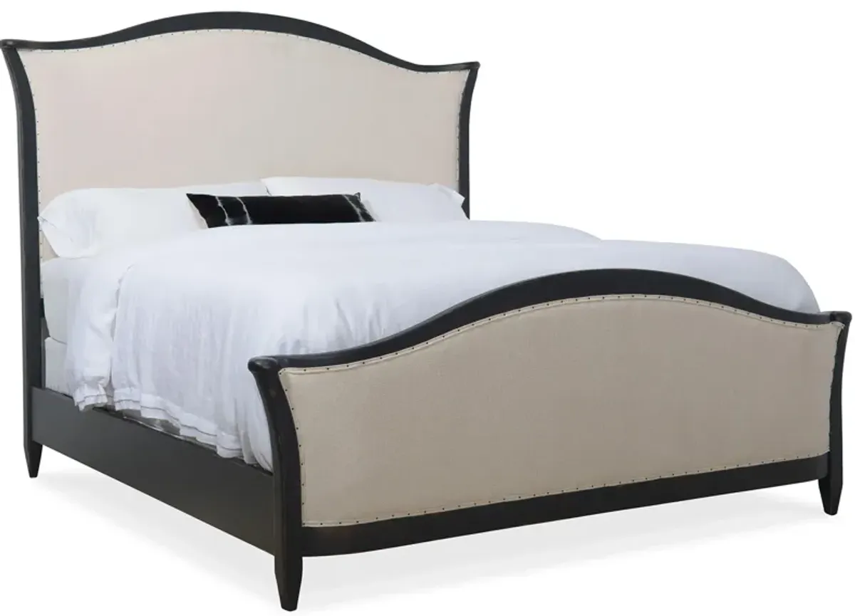 Ciao Bella Upholstered Bed in Black finish. Distressing includes worm holes, rasping, multi-layer rub through and emolsion. by Hooker Furniture