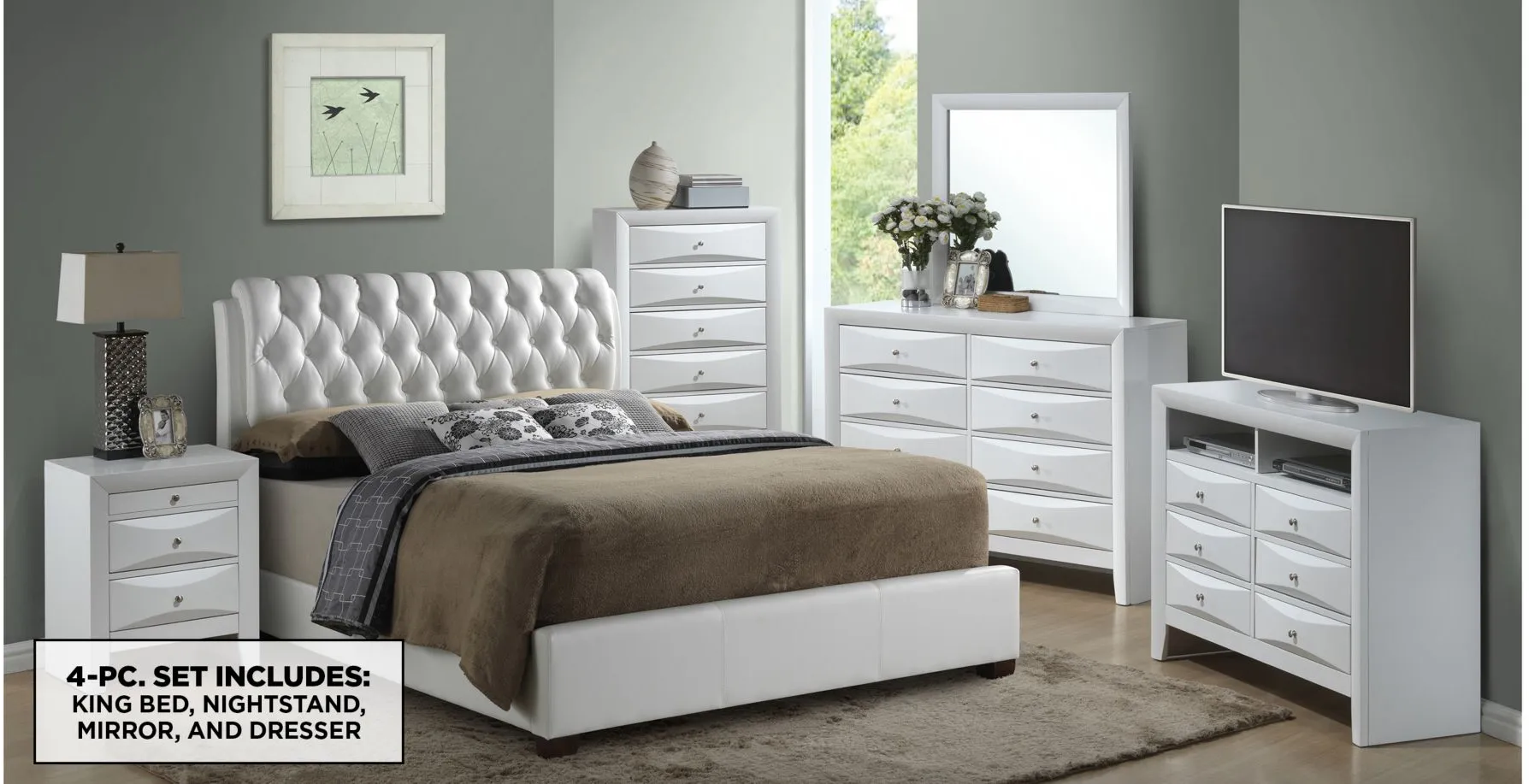 Marilla 4-piece Upholstered Bedroom Set in White by Glory Furniture