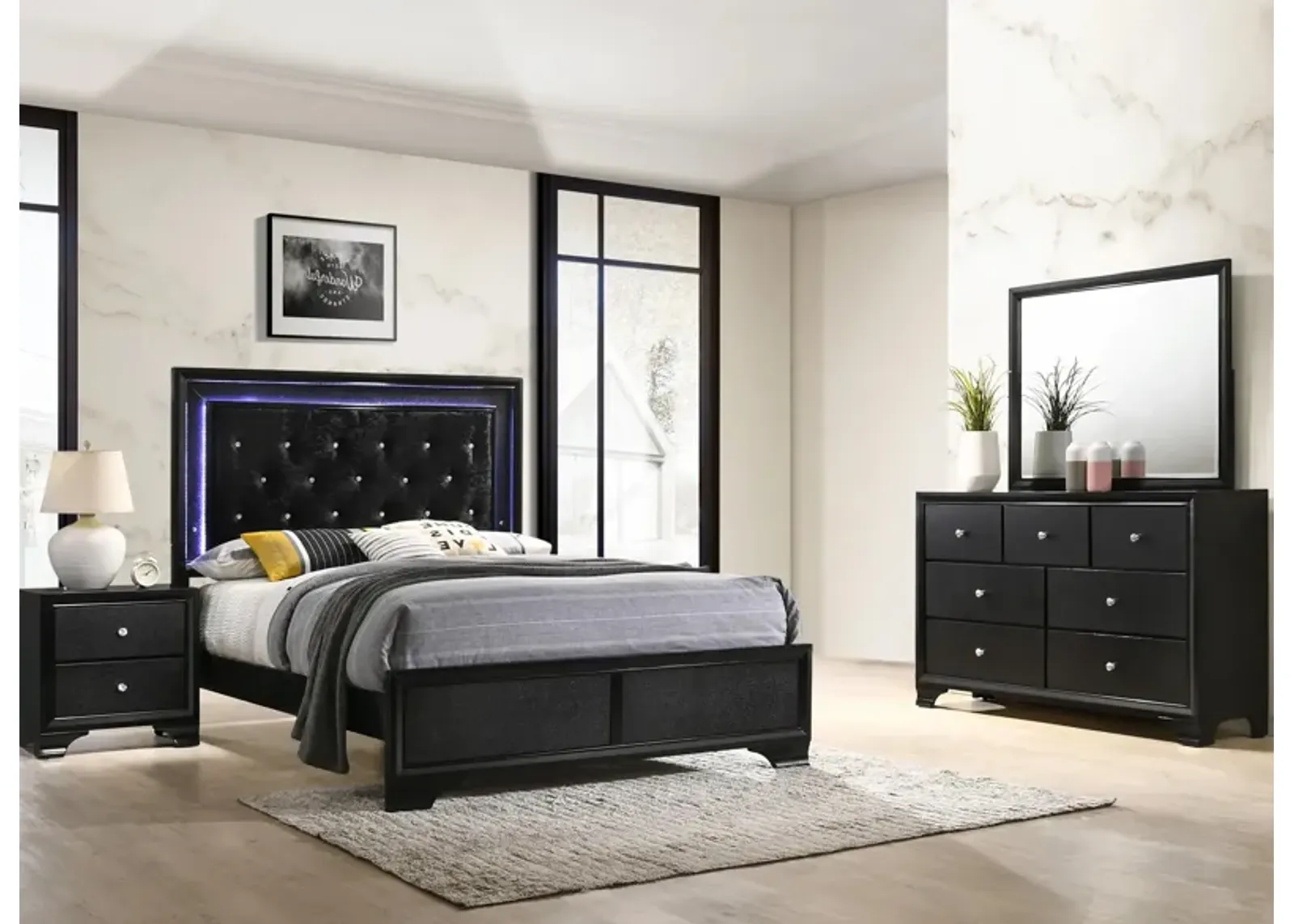 Micah 4-pc. Upholstered Bedroom Set in Black by Crown Mark