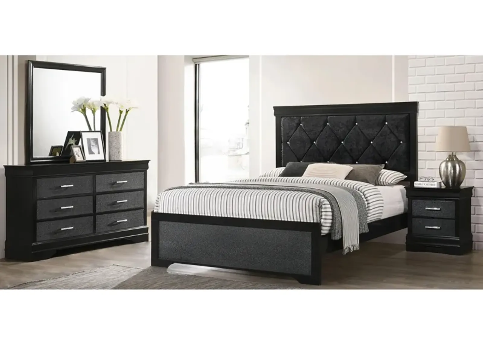 Amalia Upholstered 4-pc. Bedroom Set in Black by Crown Mark