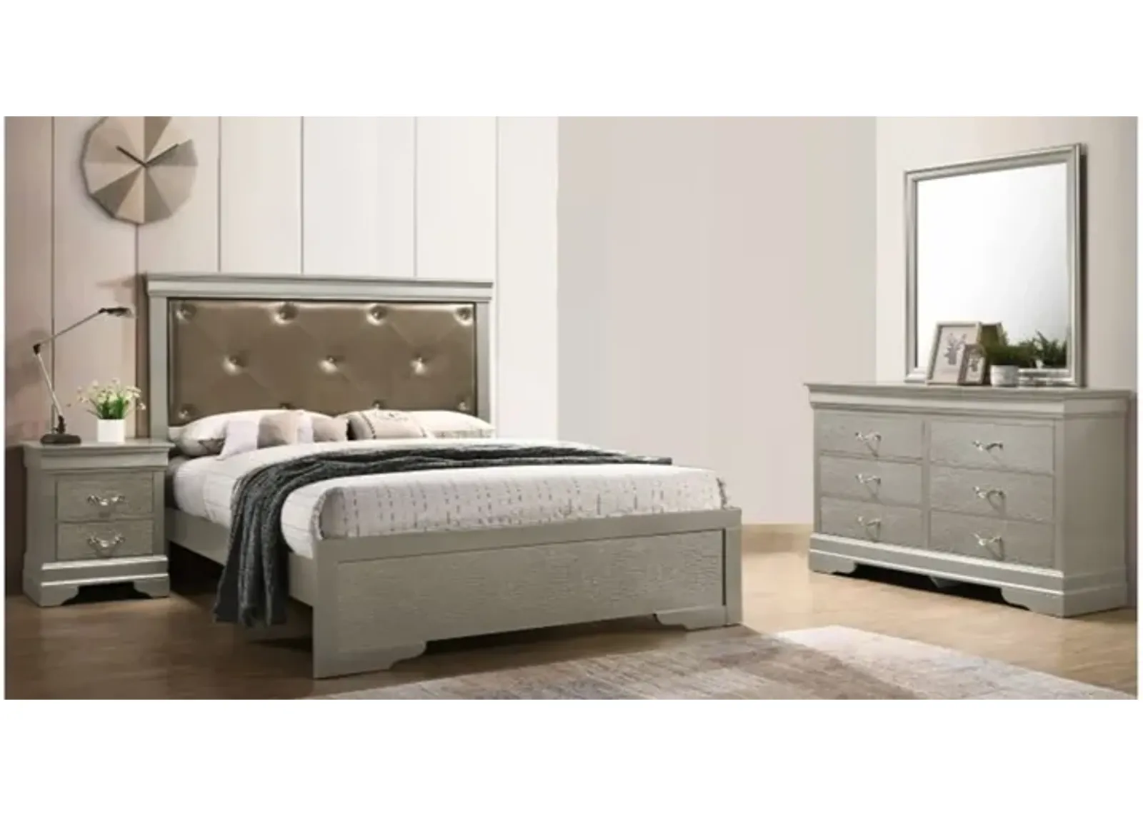 Lorana 4-pc. Upholstered Bedroom Set in Champagne by Glory Furniture