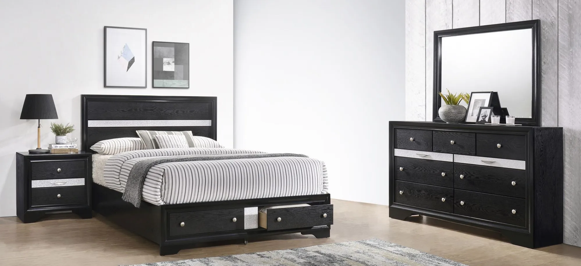 Regata 4-pc. Bedroom Set w/Storage Bed in Black/Silver by Crown Mark