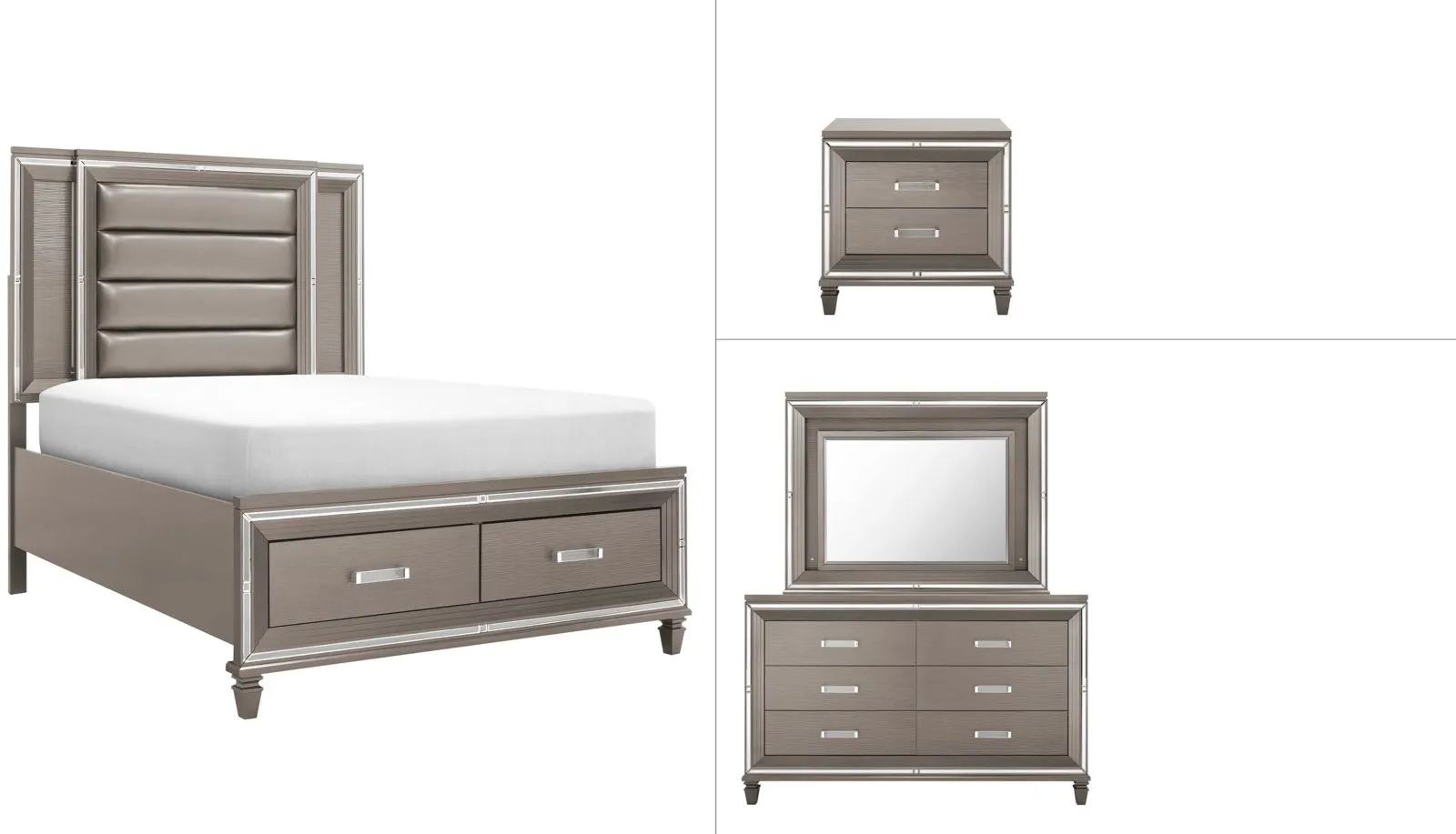 Selena 4pc. Platform Bedroom Set w/ Storage Bed in Champagne Gray by