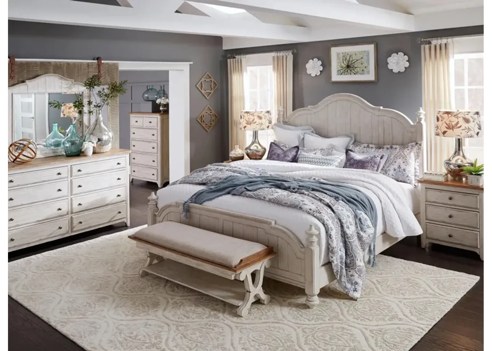 Farmhouse Reimagined 4-pc. Poster Bedroom Set w/ Drawer Nightstand in White by Liberty Furniture