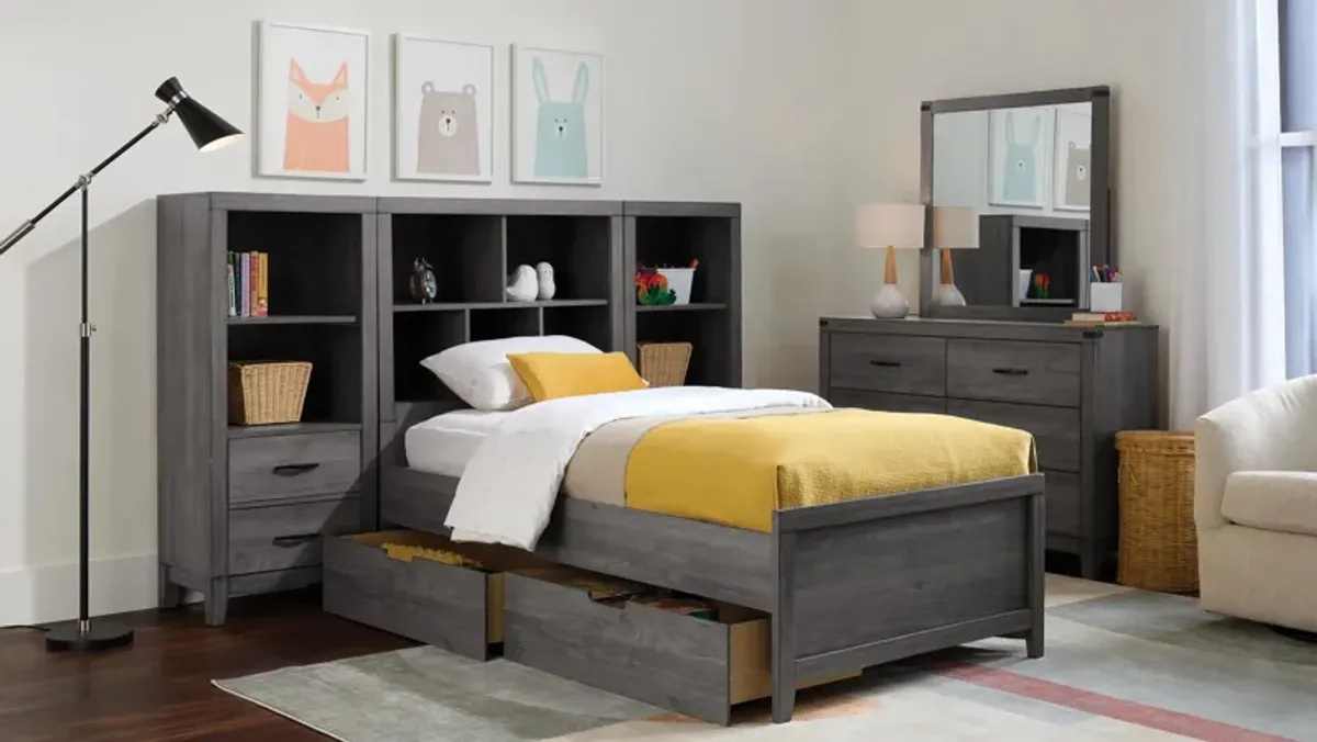 Piper Bed w/ Storage Drawers and 2 Bookshelf Nightstands
