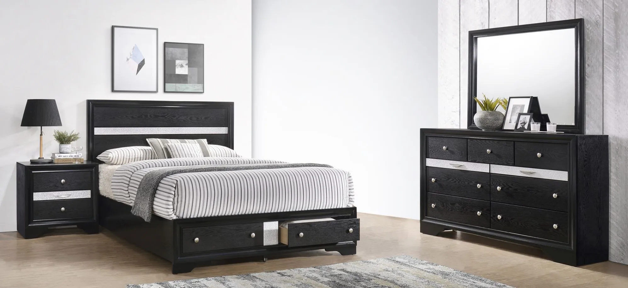 Regata 4-pc. Bedroom Set w/Storage Bed in Black/Silver by Crown Mark