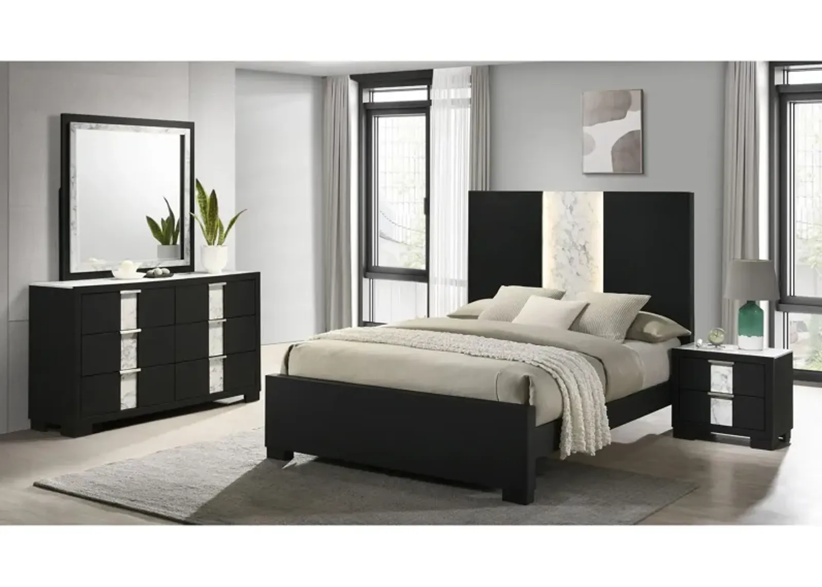 Rangley 4-pc. Bedroom Set in Black/Faux Marble by Crown Mark