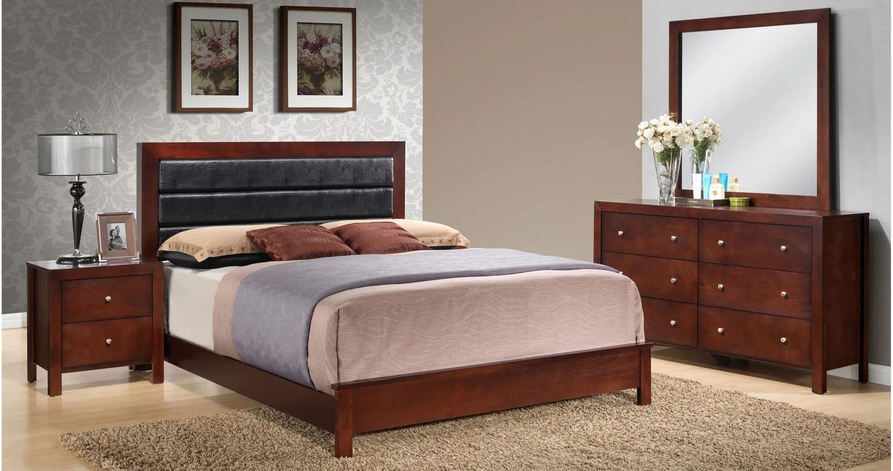 Burlington 4-pc. Upholstered Bedroom Set in Cherry by Glory Furniture