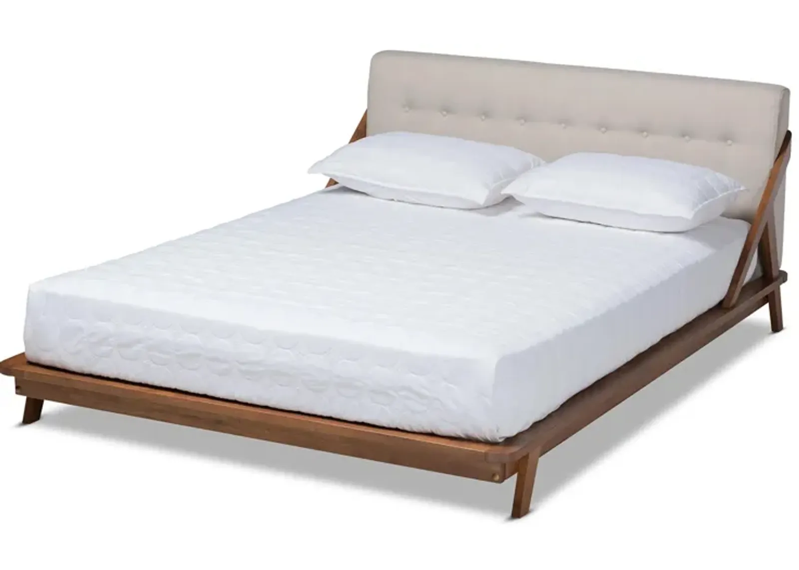 Sante Mid-Century Queen Size Platform Bed in Beige/Walnut Brown by Wholesale Interiors