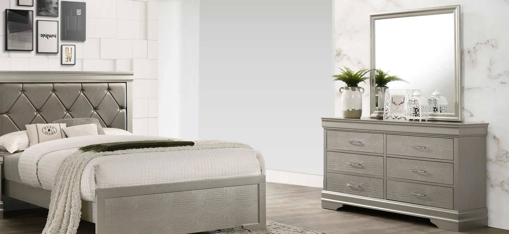 Amalia Bedroom Dresser w/ Mirror in Champagne Silver by Crown Mark