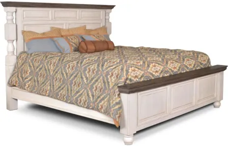 Rustic French Panel Bed in Cottage White/Walnut Top by Sunset Trading